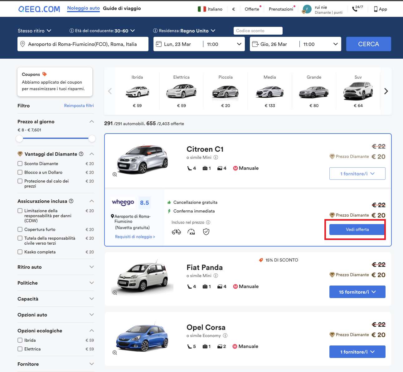 Passo 1: Selezione auto su Qeeq.com
