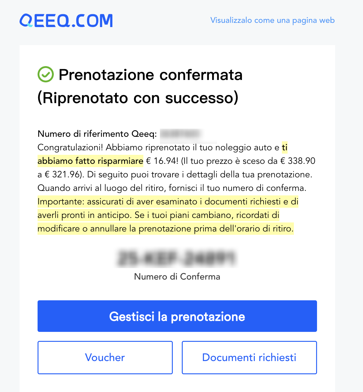 Esempio di riprenotazione automatica con risparmio